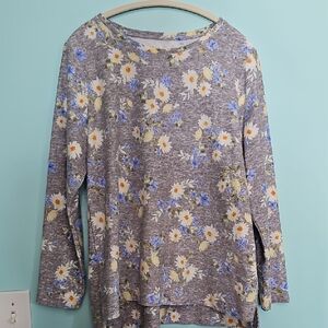 Croft & Barrow Floral Long Sleeve Top - Gray and Blue